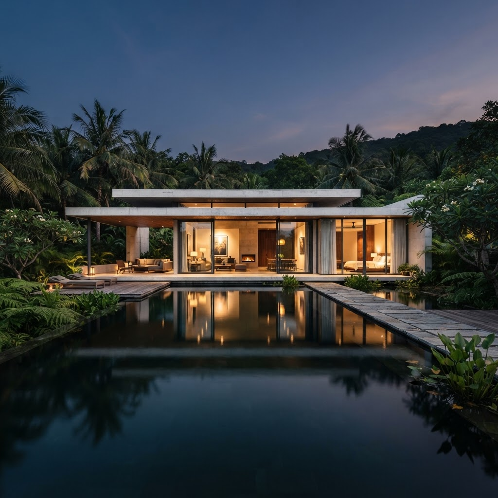 DOUSEASON architecture — minimalist concrete villa at dusk